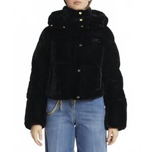 NEW ELISABETTA FRANCHI cropped velvet down jacket in black